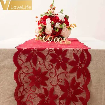 183x33cm Raudona Klevo lapai stalo bėgikų Kalėdos Gėlių Nėrinių Staltiesė Vestuvių Virtuvės Kalėdos Namų Dekoro Rūdžių Šalies Prekių