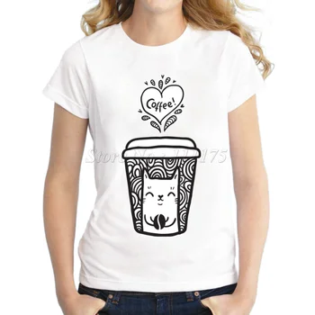 2019 Ponios Mados doodle kavos ir kačių Dizaino marškinėliai Naujovė Viršūnes Lady pagal Užsakymą Atspausdintas Trumpas Rankovės Tees