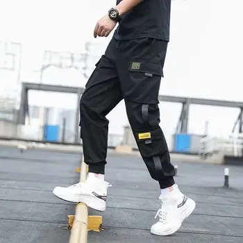 2020 Naujas Hip-Hop Poilsiu Vyrų Juodos Haremo Kelnės Multi-pocket Juostelės Vyras Sweatpants Streetwear Laisvalaikio Vyriškos Kelnės Homme