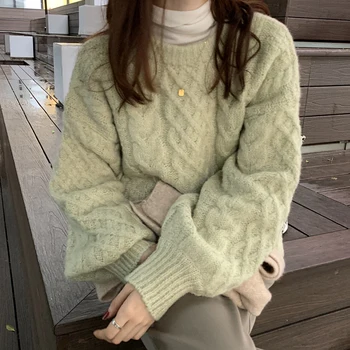 2021 M. Rudens Mados Korėjos Atsitiktinis Sutirštės Solid Džemperis Moterims, O-Kaklo Prarasti Ilgomis Rankovėmis Tingus Megztinis (Puloveris)