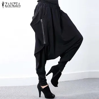 2021 ZANZEA Moterys Mažai Tarpkojo Kelnės Gotikos Ilgai Pantalon Plius Dydis Elastinga Juosmens Baggy Hip-Hop Haremo Kelnės Juoda Streetwear