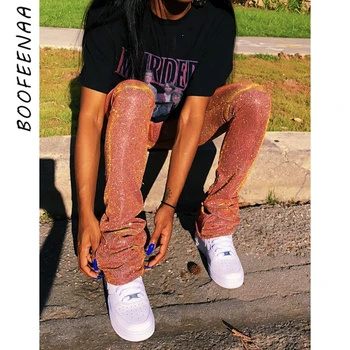 BOOFEENAA Blizgučiai Sukrauti Sweatpants Streetwear Poilsiu Moterų Aukšto Juosmens Flare Kelnės Sexy Sparkle Ruožas Kelnės C16-BG21