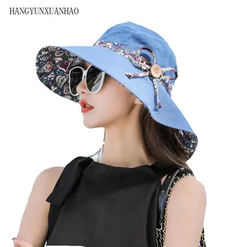 Dvipusis Gėlių Kibiro Kepurę Moterims Korėjos Lankstymo Sunhat Didelio Masto Kraštų Vasaros Skrybėlės Moterims Lady Panama Kepurė Paplūdimio Skrybėlę