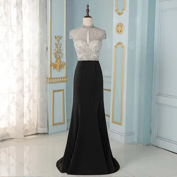 Elegantiškas Juodos spalvos Kristalai Undinė Vakaro Suknelės Ilgai Bžūp Rankovėmis Oficialų Vakare Gown YQLNNE