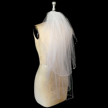Elegantiškas Perlai Puošnios Nuotakos Šydu Trumpas, 2 Sluoksnių, Baltos Spalvos Dramblio Kaulo Tiulio Moterų, Vestuvių Šydas, Priedai