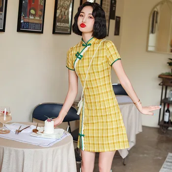 FZSLCYIYI Kinų Suknelė medvilnės Derliaus Pledas Moterų Rytietiškus Drabužius, Cheongsam Moterų Kinija Elegantiškas Atsitiktinis Šalies Šiuolaikinės Mini Qipao