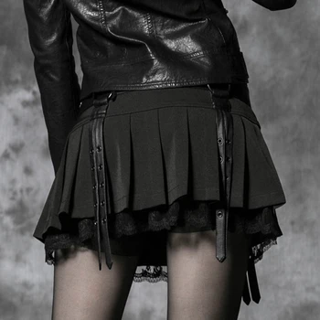 Gotikos seksuali mini black lace klostuotas sijonas mados tvarstis apdailos moterų dirželiai šalies sijonai PUNK RAVE Q-220