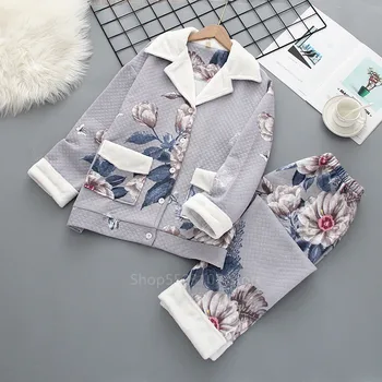 Japonų 2 Gabalas Pižama Rinkiniai Moterims Rudens Žiemos Medvilnės Storas Šiltas Prarasti Sleepwear Retro Gėlių Spausdinti Elegantiški naktiniai drabužiai