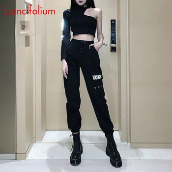 Krovinių Kelnės Poilsiu Moterų Streetwear Kelnes Y2k Rudenį 2020 Gotikos Harajuku Korėjos Goth Aukšto Juosmens Juoda Punk Grunge Kelnes Kelnės