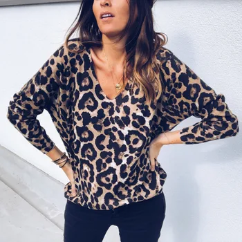 Leopardas Spausdinti Moterys, T-marškinėliai, Ponios ilgomis Rankovėmis Slim Fit Marškinėliai Mados Giliai V-Kaklo Panele Seksuali Viršūnes Stiliaus Atsitiktinis Moterų Marškinėliai