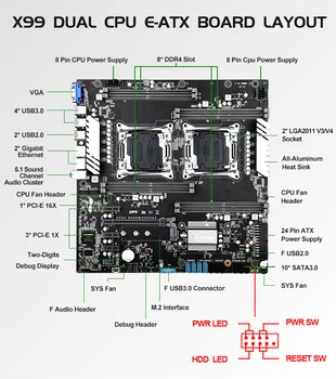 LGA2011-V3/V4 X99 Dual Plokštė nustatyti su 2,5 G Tarnauti 2vnt XEON E5 2678 V3 CPU ir 8*8 GB 2400MHz DDR4 Ram ECC REG Atmintis