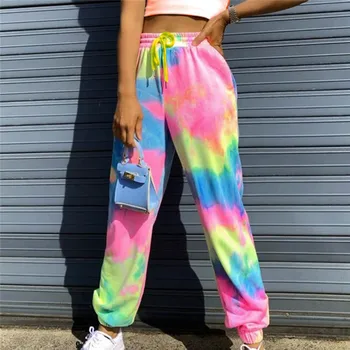 Neon tie dažai Poilsiu Aukšto Juosmens Ilgai Baggy Pants Moterų Sweatpants Laisvas Kelnes 2020 Metų Vasaros Nėriniai Kelnes Drabužių Streetwear Iki