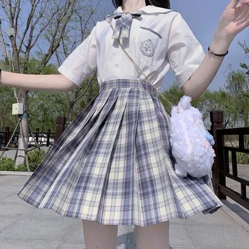 Preppy Stilius Moterys-line Aukštos Juosmens Plisuotos Pledas Sijonas Mėlyna Violetinė Harajuku Japonijos aukštųjų Mokyklų Saldus Mergaičių Mini Sijonai