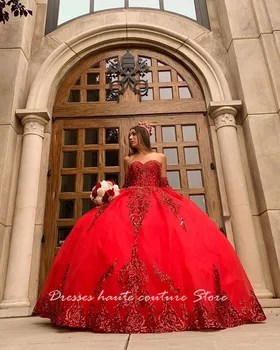 Raudonos Spalvos Organza Saldus 16 Quinceanera Suknelę Blizgučiais Aplikacijos Zawalcowany Brangioji Inscenizacija Suknelė Meksikos Mergina Gimtadienio Suknelė