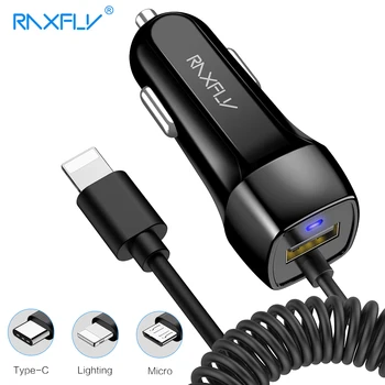 RAXFLY USB Automobilinis Įkroviklis iPhone X XR 8 7 Greitas USB Įkroviklio su Mikro USB C Tipo Apšvietimas Greito Įkrovimo Kabelis Samsung S8 S9