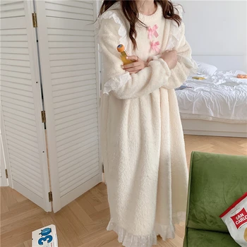 Rudenį, žiemą šilta, aksominė suknelė sleepwear mielos moterys pižamą tirštėti ilgomis rankovėmis peteliškę nėrinių korėja nightdress homewear Y163