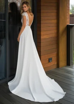 SoDigne Elegantiškas Satino V-kaklo, A-line Wedding Dresses 