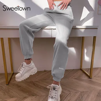 Sweetown Kietas Pilka Atsitiktinis Moterų Jogger Sweatpants Korėjos Stiliaus Elastinga Aukštos Juosmens Streetwear Haremo Kelnės Moterų Haremas Kelnės