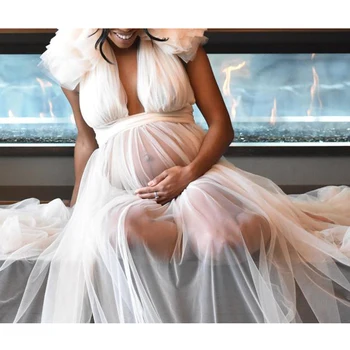 Tiulio Gėlės Ilgai Motinystės Suknelė už Nuotrauką Šaudyti Balta Motinystės Suknelė Maxi Suknelė Baby Shower suknelė Foto Rekvizitai