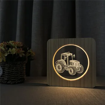 Traktoriaus Automobilių 3D LED Lempos Arylic Mediniai Naktį Lentelė Šviesos Jungiklis Kontrolės Drožyba Lempos Vaikų Kambario Dekoracija Ūkininkas Dovana