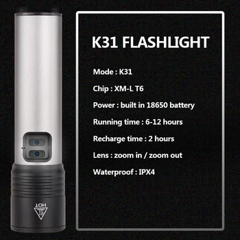 USB Įkraunamas LED Žibintuvėlis XML T6 Kempingas Šviesos Zoomable Fakelas Ličio Baterija Vandeniui su Built-in 1200mah LED Lemputės