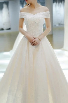 Vestuvių Suknelė Iki 2021 M. S. Laimėti Nuotakos Elegantiškas Valtis Kaklo Valymo Traukinio Kamuolys Suknelė Princesė Nėrinių Derliaus Plius Dydis Vestuvių Suknelės F
