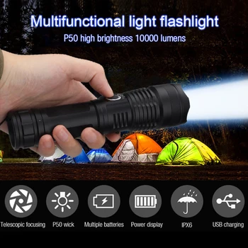 ZHIYU Didelės galios įkraunamas LED žibintuvėlis USB Fakelas XHP50 Vandeniui 5 Režimai Zoomable 26650 18650 Baterija Kempingas Medžioklė