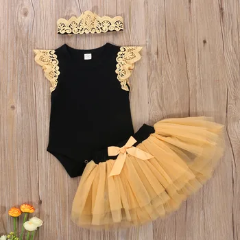 0-24M Princesė Kūdikiui Baby Girl Dress Nėrinių Skristi Sleeve Black Romper Viršūnes+Tiulio Sijonai+Karūna Nėrinių Lankelis 3pcs Baby Set