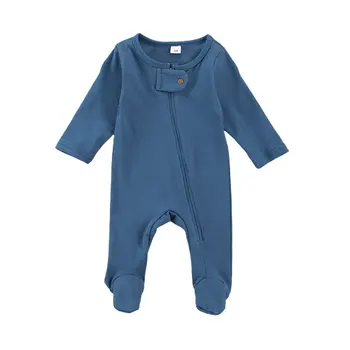 0-6M Naujagimių vientisos Spalvos Romper Kūdikiams ilgomis Rankovėmis Apvalios Kaklo Zip-up Kojis Jumpsuit Medvilnės Minkštas Playsuit Sleepwear Rudenį 2020 m.
