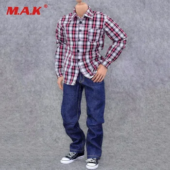 1/6 masto vyrų žmogus berniukas kasdienių drabužių modelis žaislai raudona balta plaid marškinėliai, mėlyni džinsai kelnės 12