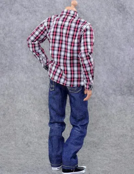 1/6 masto vyrų žmogus berniukas kasdienių drabužių modelis žaislai raudona balta plaid marškinėliai, mėlyni džinsai kelnės 12