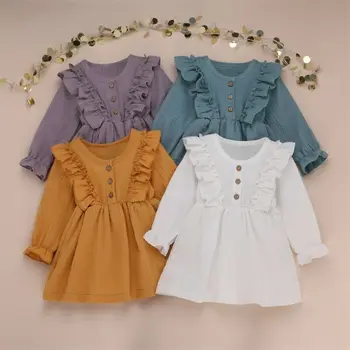 1-6T Bamblys Vaikams Baby Girl Dress Raukiniai ilgomis Rankovėmis Kietas Medvilnės Skalbiniai Šalies Atsitiktinis Suknelė Drabužių Rudens Žiemos Pavasario