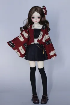 1 Rinkinys=5vnt Mielas Japonų Kimono megztinis kailis + stebėjimo + juodas sijonas + plaukų juosta + Gyvulių 1/4 1/6 bjd drabužius Lėlėms