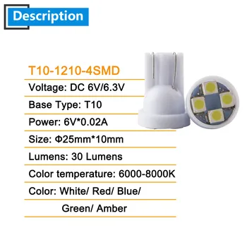 100vnt W5W DC 6 V/6.3 T10 1210 4 SMD LED Lemputės Pinball Baterija Žaidimų Konsolės Lempos Žibintuvėlis Indikatorius Automobilio Lemputė Balta Raudona Mėlyna Rožinė