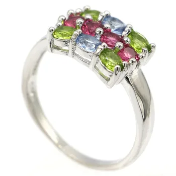 14x10mm Kelių Spalvų Sukurta Žalia Olivīns Granatas Tanzanite Sidabro Žiedas Moterims Fine Jewelry Akių Gaudyti