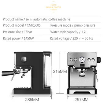 15bar Kavos virimo aparatas Aparatas Espreso kavos Aparatas Nerūdijančio Plieno Pusiau Automatinis Siurblio Tipas Cappuccino Kavos Aparatas Skirtas Namų CRM3605