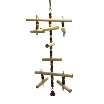 1PC natūralios medinės papūga žaislas paukščiui spalvos karoliukai paukščių reikmenys buveinių stendas kabo string kabinti string pet papūga narve žaislas