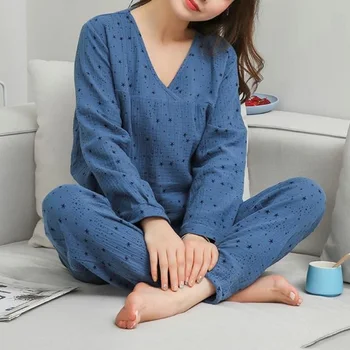 2 Gabalas Tekstūros Krepo Gazas ilgomis rankovėmis, Kelnes Moteris pižama Medvilnės V-Kaklo Vandenyje-plauti Sleepwear Nustatyti 2020 m. Pavasarį Moterų Homewear