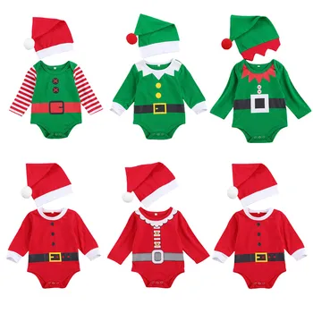 2 Vnt Naujagimių Rompers Kalėdų Komplektus 2020 ilgomis Rankovėmis Romper + Pompom Bžūp Kalėdos Vienas Gabalus Kūno kostiumai Kūdikių Drabužiai.