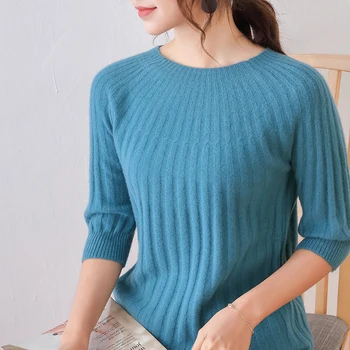 20 Apvalios kaklo mados high-end moterų kašmyro megztinis vientisų spalvų penkių taškų rankovėmis megztinis vilnos megztinis paprastųjų naujas