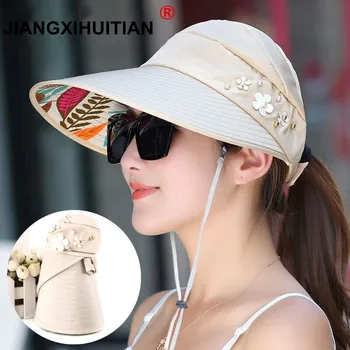 2018 Karšto 1PCS moterų vasaros Saulės Skrybėlės pearl packable saulės skydelis skrybėlę su didelių galvų platus kraštų paplūdimio skrybėlę UV apsauga moteriška kepurė