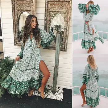 2018 Naujo Prekės Ženklo Moterys Bohemijos Gėlių Spausdinti Beach Dress Lady Vakare Šalies Ilgomis Rankovėmis Maxi Suknelė Mados Gražus Ilga Suknelė