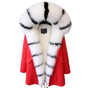 2018 tikro Kailio Striukė Ilga Moterų Žiemos Paltai Parkas Natūralaus lapės Kailio Apykaklės Gaubtu dirbtiniais Kailiais Linijinės Mados Prekės ženklo Streetwear