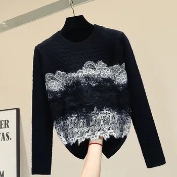 2019 m. Rudenį, Žiemą Megzti Megztinis Marškinėliai Moterų Nėriniai Susiuvimo Megztinis Moterų Prarasti viršutinių drabužių siuvimas, Mezgimo Kailis Studentų Megztiniai