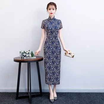 2019 m. Vasarą Ilgai Cheongsam Naujovė Kinų stiliaus Suknelė Moterų Nėriniai Qipao Slim Šalis Suknelės Lady Mygtuką Vestido Dydis S-4XL