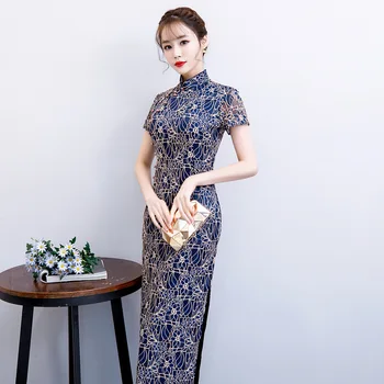2019 m. Vasarą Ilgai Cheongsam Naujovė Kinų stiliaus Suknelė Moterų Nėriniai Qipao Slim Šalis Suknelės Lady Mygtuką Vestido Dydis S-4XL