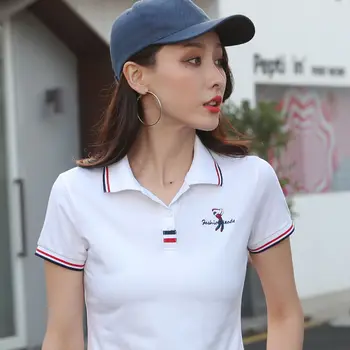 2019 m. Vasarą moterys slim golf polo marškiniai, trumparankoviai Atsitiktinis Nuoskauda medvilniniai siuvinėjimo logotipu moterų mujer mados homme mygtuką