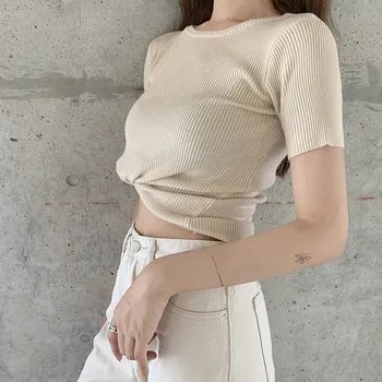 2019 m. vasarą naujų korėjos versija, O-neck Slim trumpas plonos vientisos spalvos laukinių trumpas rankovėmis megzti dugno marškinėliai moteriška