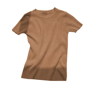 2019 m. vasarą naujų korėjos versija, O-neck Slim trumpas plonos vientisos spalvos laukinių trumpas rankovėmis megzti dugno marškinėliai moteriška