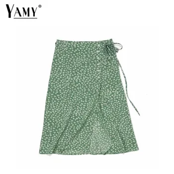 2019 m. Vasarą wrap ilgi sijonai, moteriški derliaus lolita žalia gėlių spausdinti padalinta aukšto liemens sijonas moterims korėjos mados streetwear